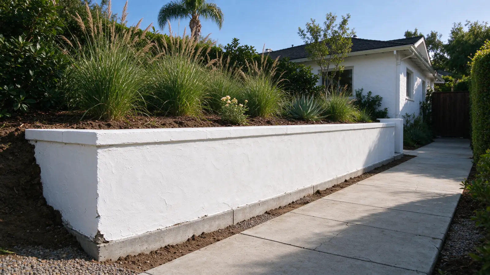 A low white stucco-faced masonry wall retaining planted ground beside a generous side walkway in a Los Angeles residential setting
