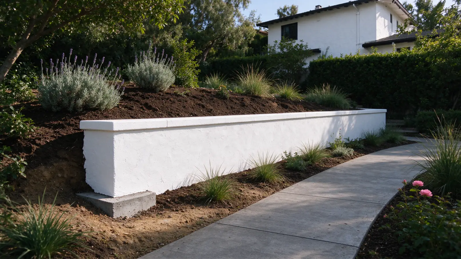 A low white stucco-faced masonry wall retaining planted ground beside a generous side walkway in a Los Angeles residential setting