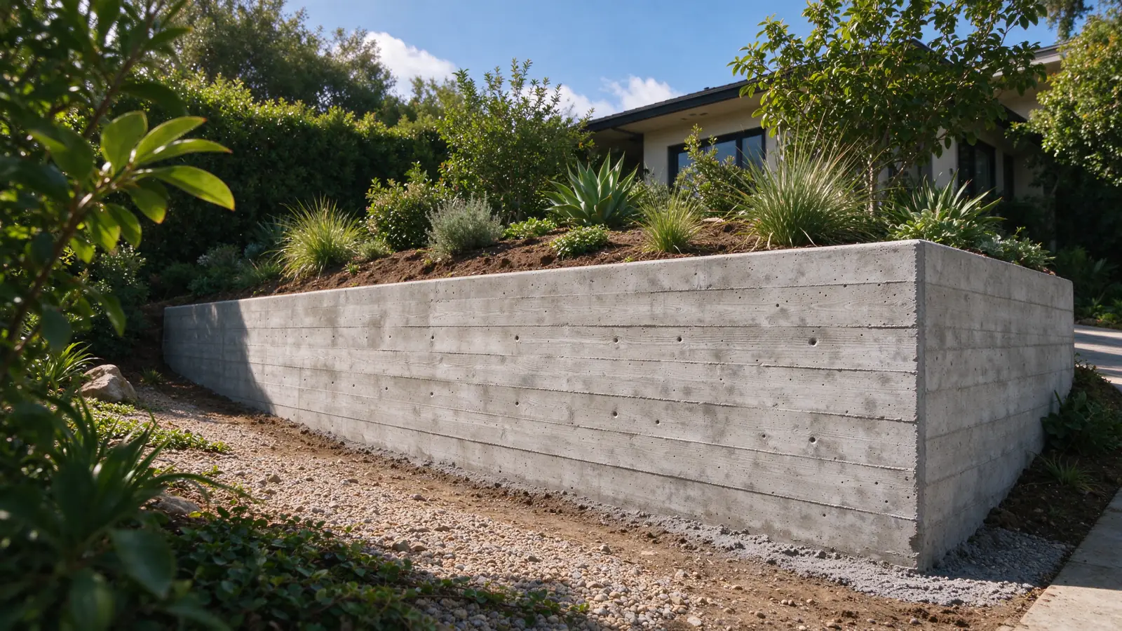 A low curved board-formed concrete wall retaining planted ground beside a narrow gravel side garden in a Los Angeles residential setting