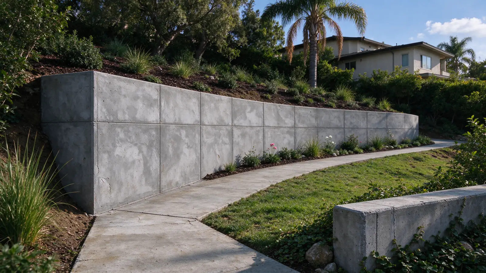 A long grey concrete wall following a gentle bend retaining planted ground beside a hillside planting border in a Los Angeles residential setting