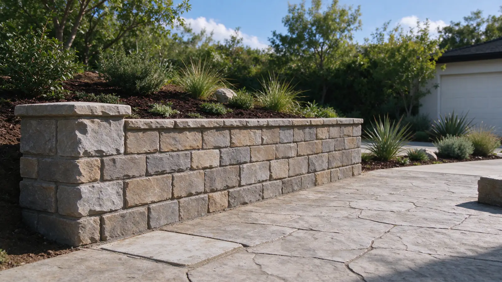 A short natural-stone wall retaining planted ground beside a compact planted courtyard in a Los Angeles residential setting