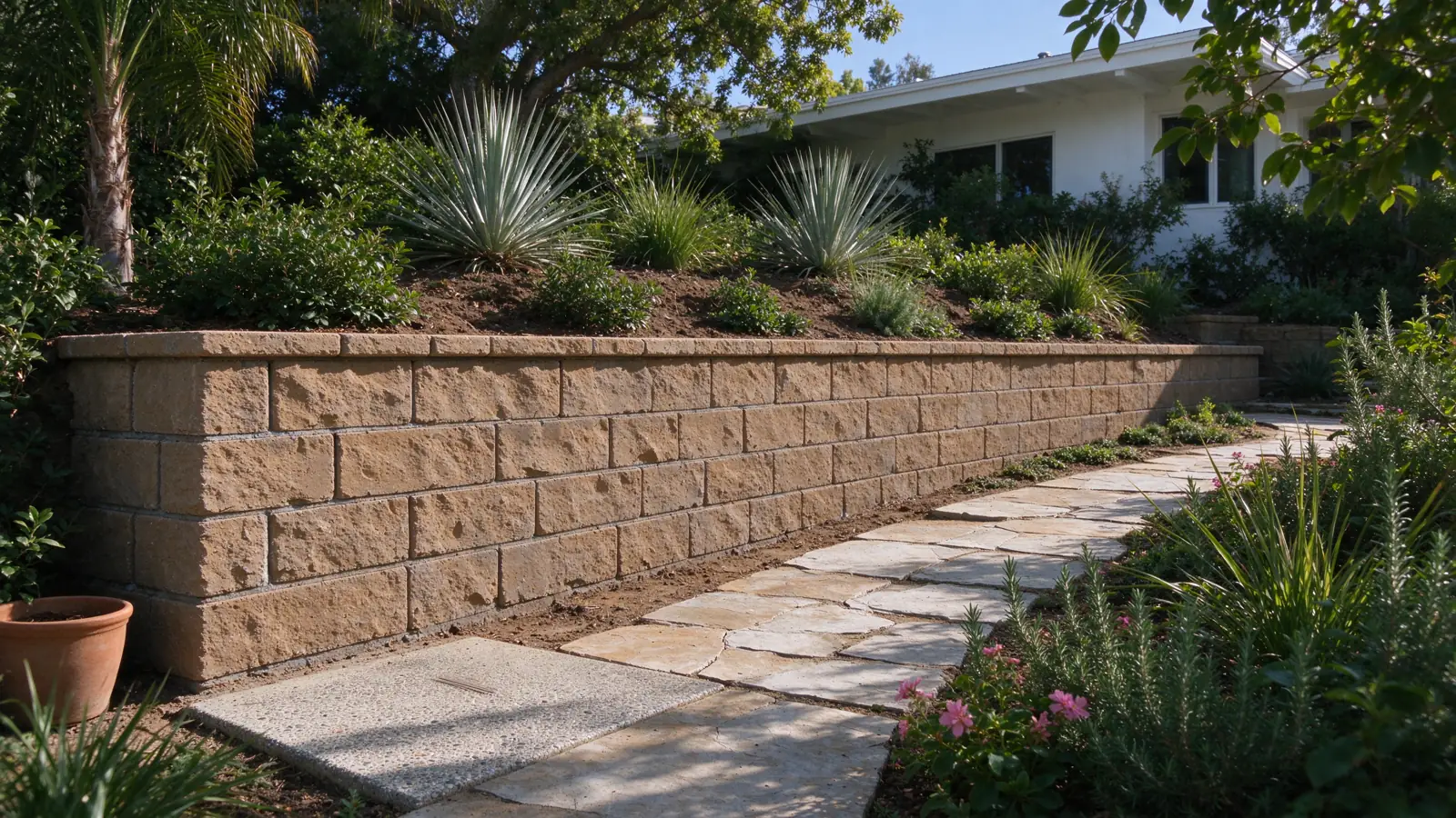 A low rough-faced tan block wall retaining planted ground beside a curving garden path in a Los Angeles residential setting