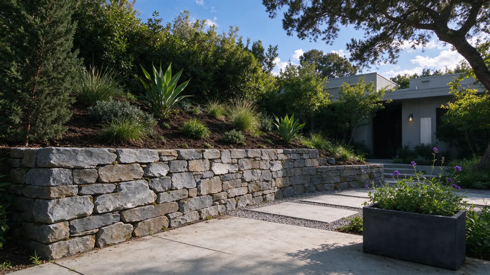 A short natural-stone wall retaining planted ground beside a compact planted courtyard in a Los Angeles residential setting