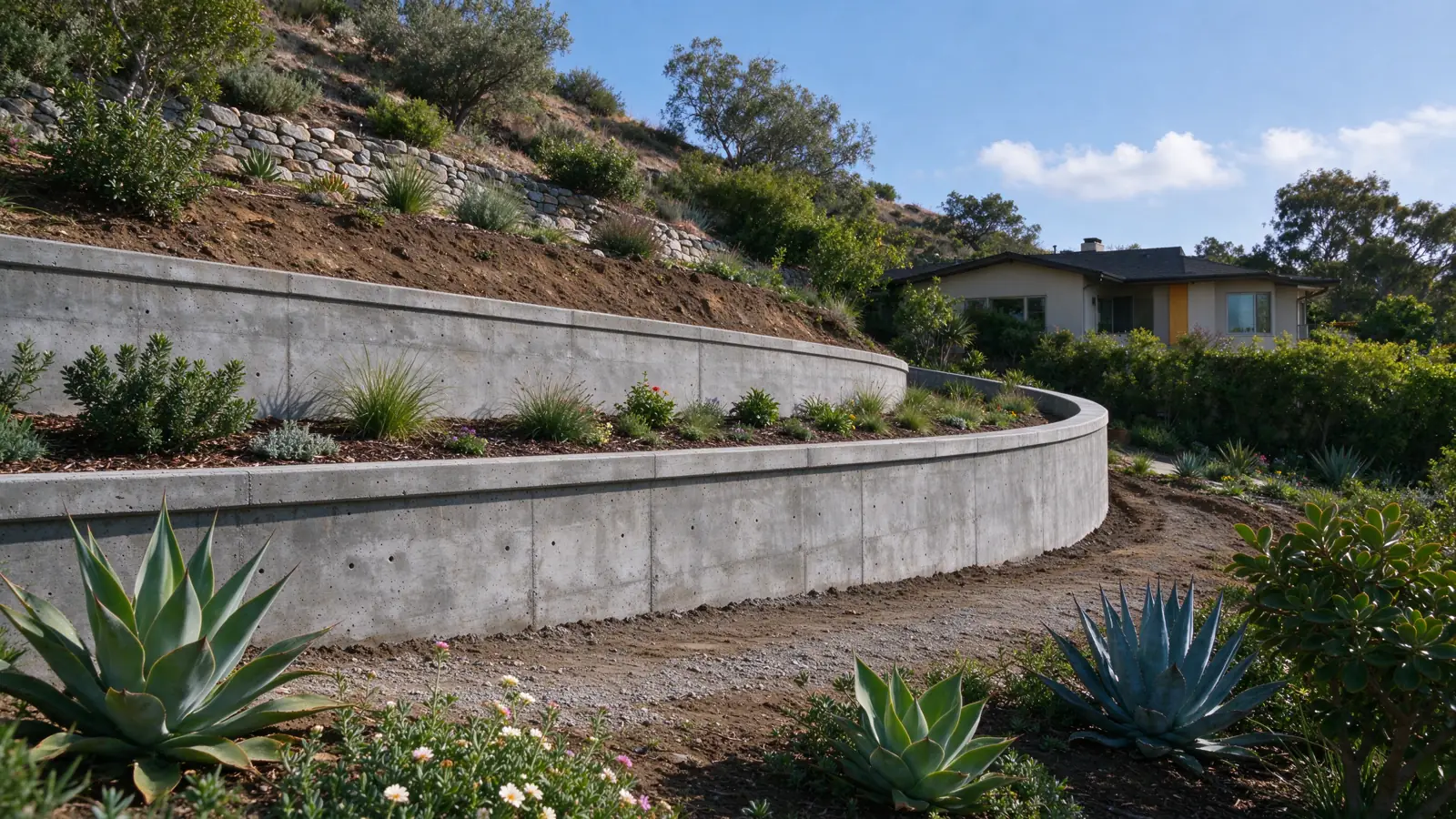A long grey concrete wall following a gentle bend retaining planted ground beside a hillside planting border in a Los Angeles residential setting