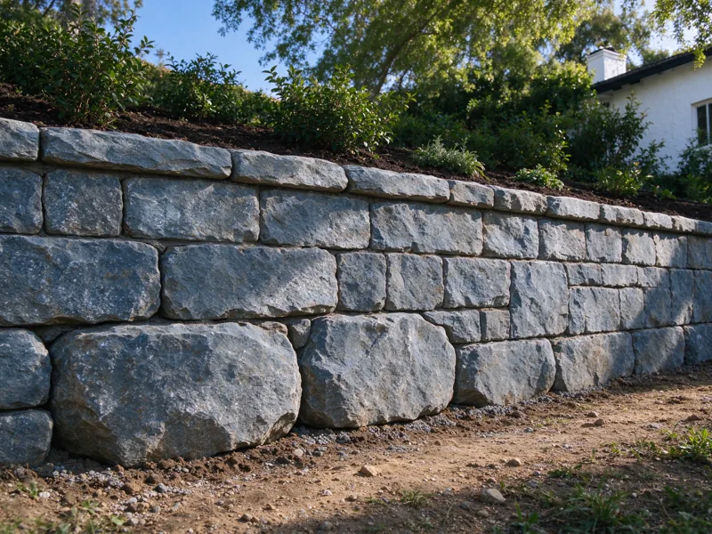 Low thick natural-stone gravity retaining wall with larger interlocking stones at its base, small planted grade behind, stones visibly supported by the courses below; a close view of the visible material joints, cap and natural wear, Los Angeles setting