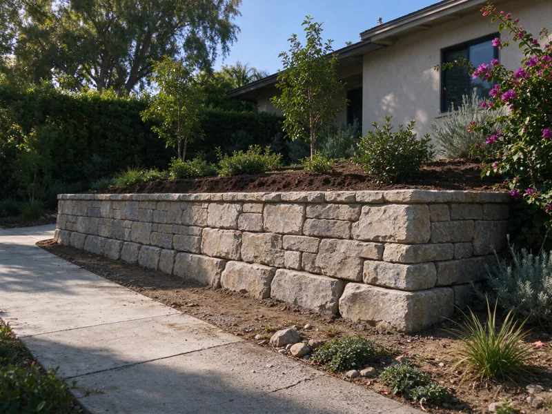 Low thick natural-stone gravity retaining wall with larger interlocking stones at its base, small planted grade behind, stones visibly supported by the courses below; a wider view showing the route from the nearby paved access to the wall, Los Angeles setting