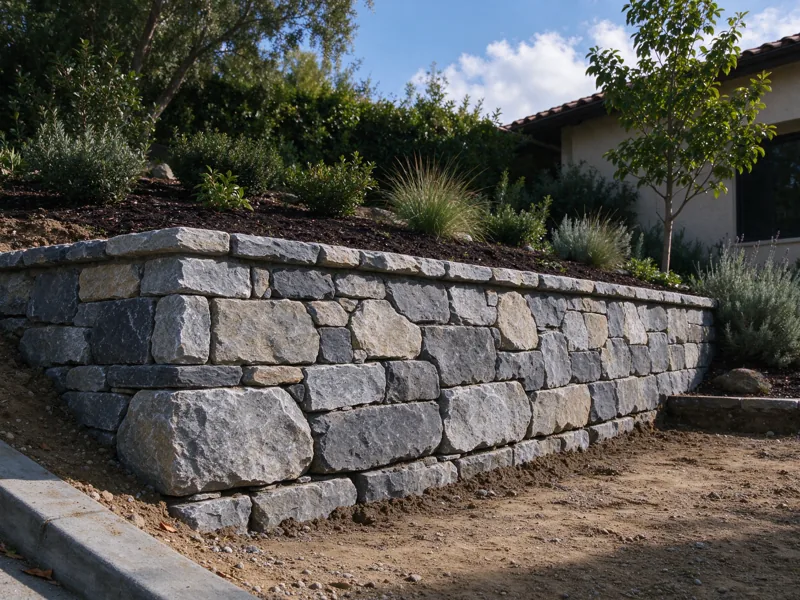 Low thick natural-stone gravity retaining wall with larger interlocking stones at its base, small planted grade behind, stones visibly supported by the courses below; a view from the accessible side showing the upper planted grade meeting the wall cap, Los Angeles setting