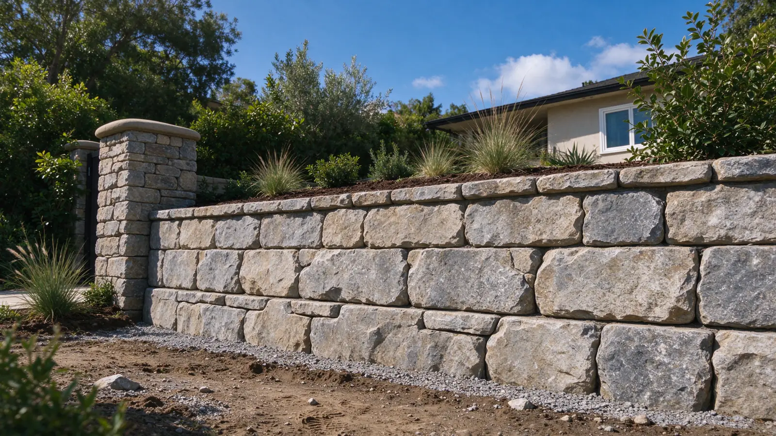 Low thick natural-stone gravity retaining wall with larger interlocking stones at its base, small planted grade behind, stones visibly supported by the courses below, Los Angeles setting