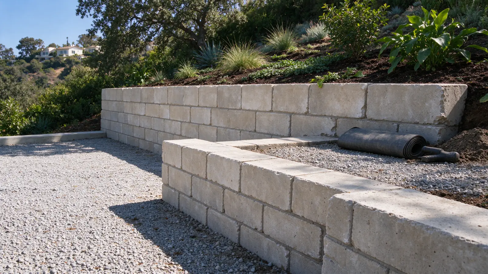 Stepped masonry retaining walls above a gravel terrace in a Los Angeles garden