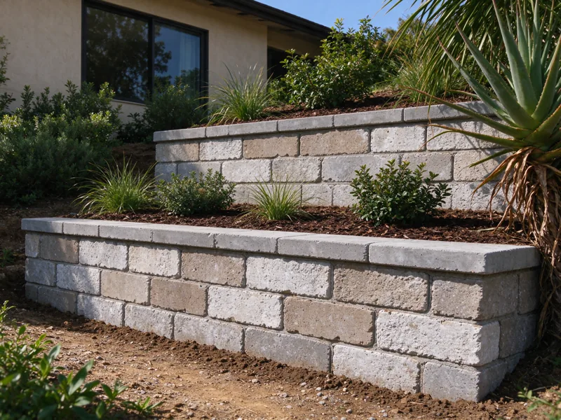 Two low masonry garden terraces separated by a broad planted bench, each wall bearing on its own continuous ground surface; a close view of the visible material joints, cap and natural wear, Los Angeles setting