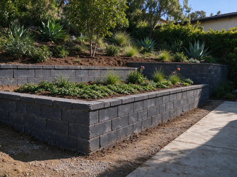 Two low masonry garden terraces separated by a broad planted bench, each wall bearing on its own continuous ground surface; a wider view showing the route from the nearby paved access to the wall, Los Angeles setting
