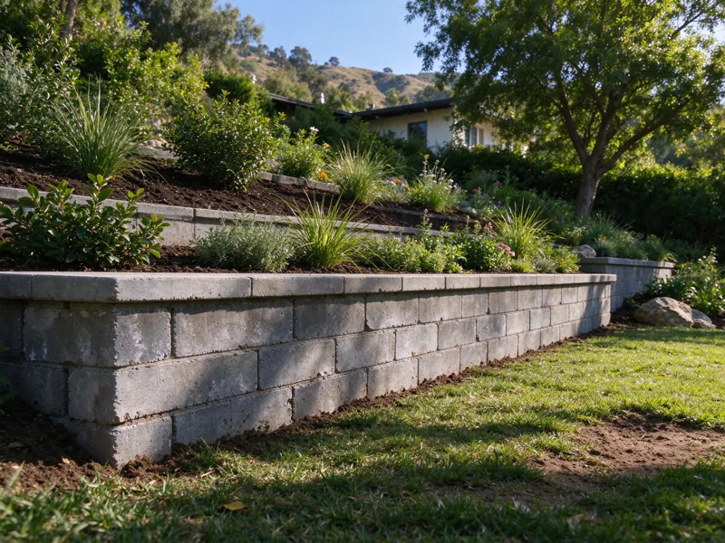 Two low masonry garden terraces separated by a broad planted bench, each wall bearing on its own continuous ground surface; a low oblique view along the wall showing how the base meets the lower ground, Los Angeles setting