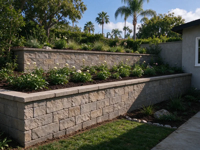 Two low masonry garden terraces separated by a broad planted bench, each wall bearing on its own continuous ground surface; a view from the accessible side showing the upper planted grade meeting the wall cap, Los Angeles setting