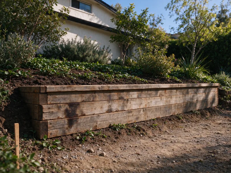 Weathered low timber retaining wall alongside a residential planting bed, horizontal timbers resting on the ground and one another; a close view of the visible material joints, cap and natural wear, Los Angeles setting