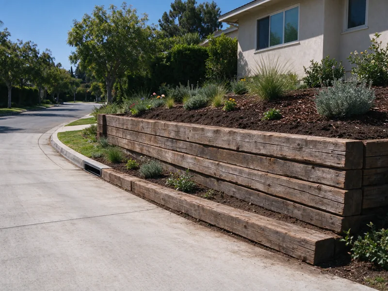 Weathered low timber retaining wall alongside a residential planting bed, horizontal timbers resting on the ground and one another; a wider view showing the route from the nearby paved access to the wall, Los Angeles setting
