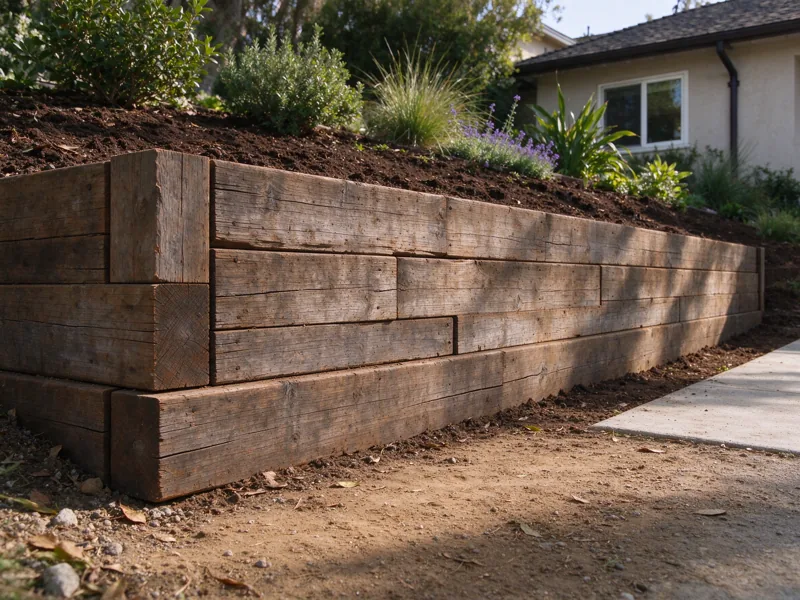 Weathered low timber retaining wall alongside a residential planting bed, horizontal timbers resting on the ground and one another; a low oblique view along the wall showing how the base meets the lower ground, Los Angeles setting