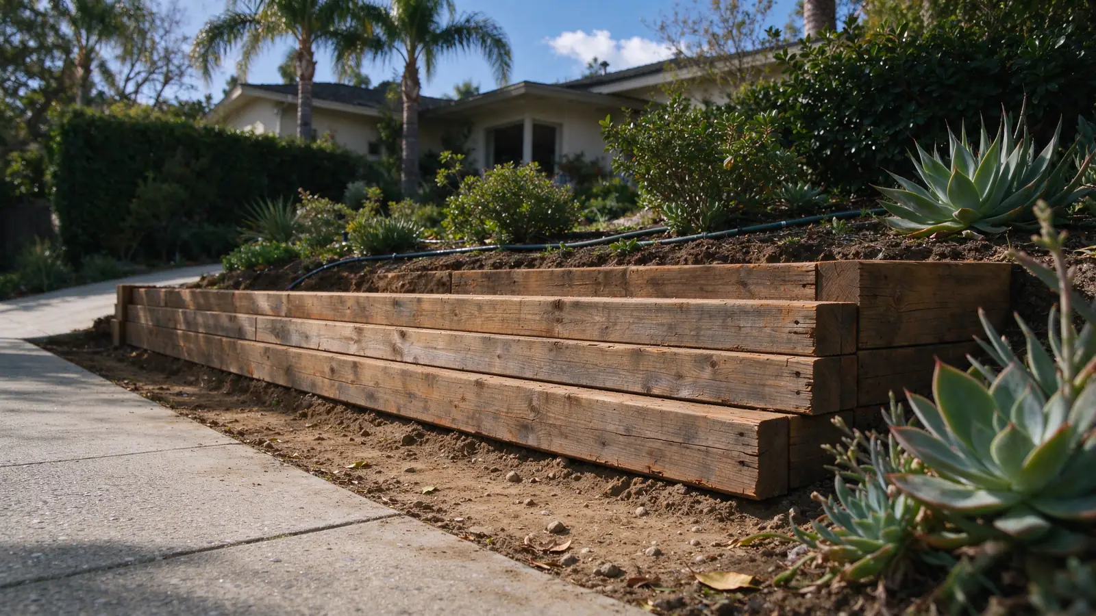 Weathered low timber retaining wall alongside a residential planting bed, horizontal timbers resting on the ground and one another, Los Angeles setting
